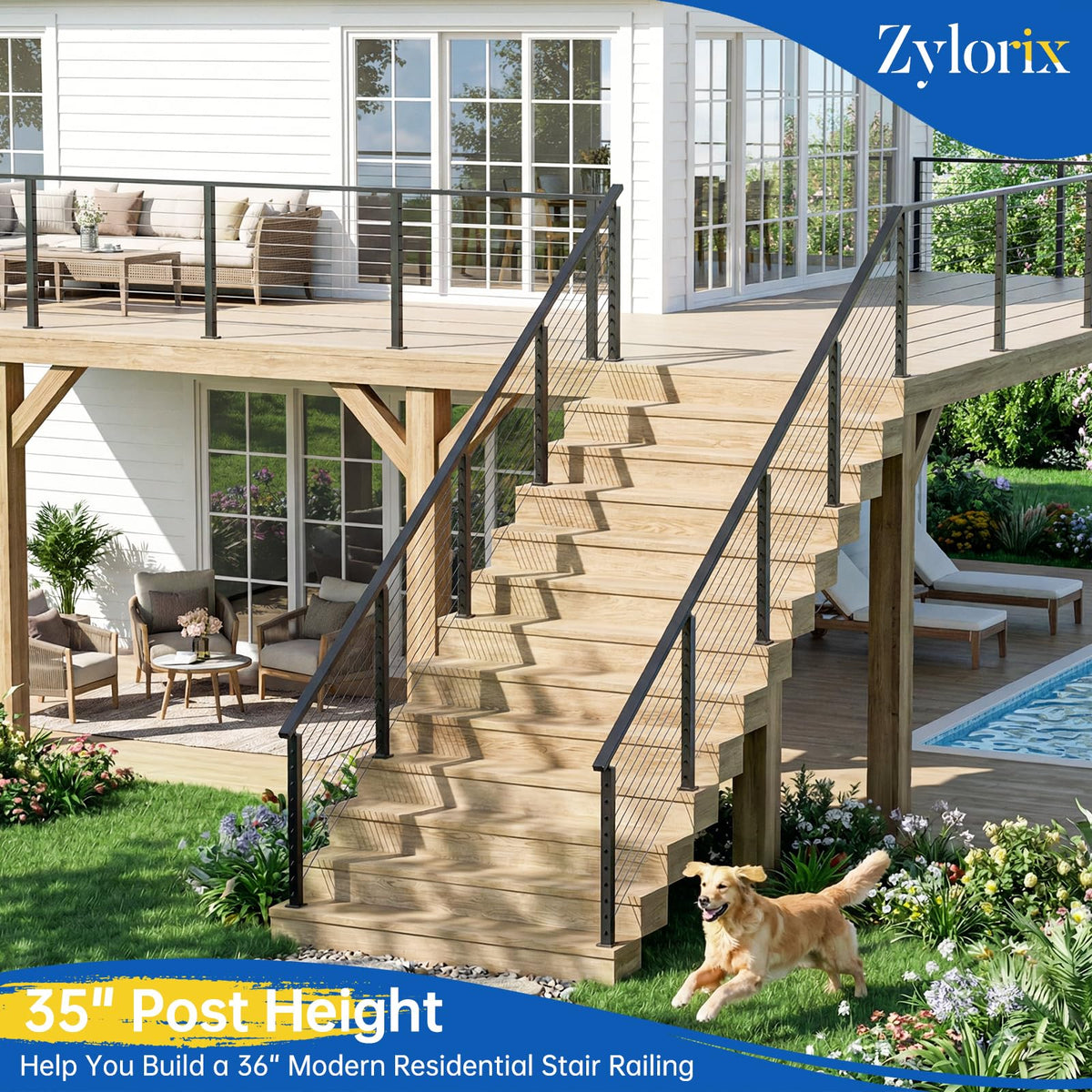 4 Pack 36" Modular Swageless Cable Railing Level Post for Decks