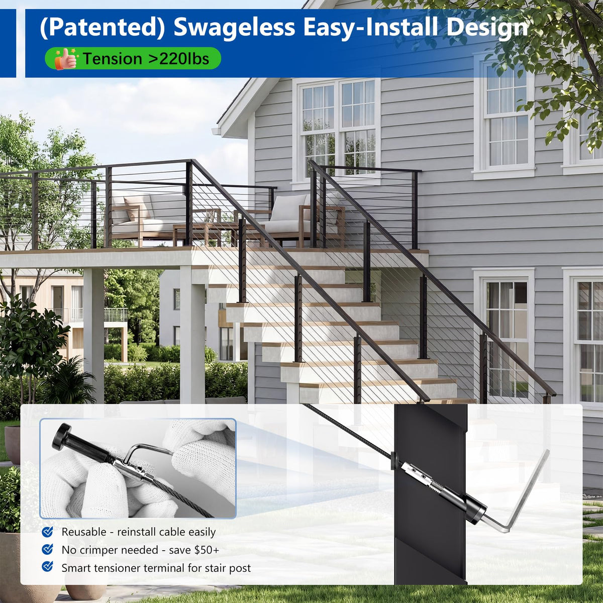 4 Pack 36" Modular Swageless Cable Railing Level Post for Decks
