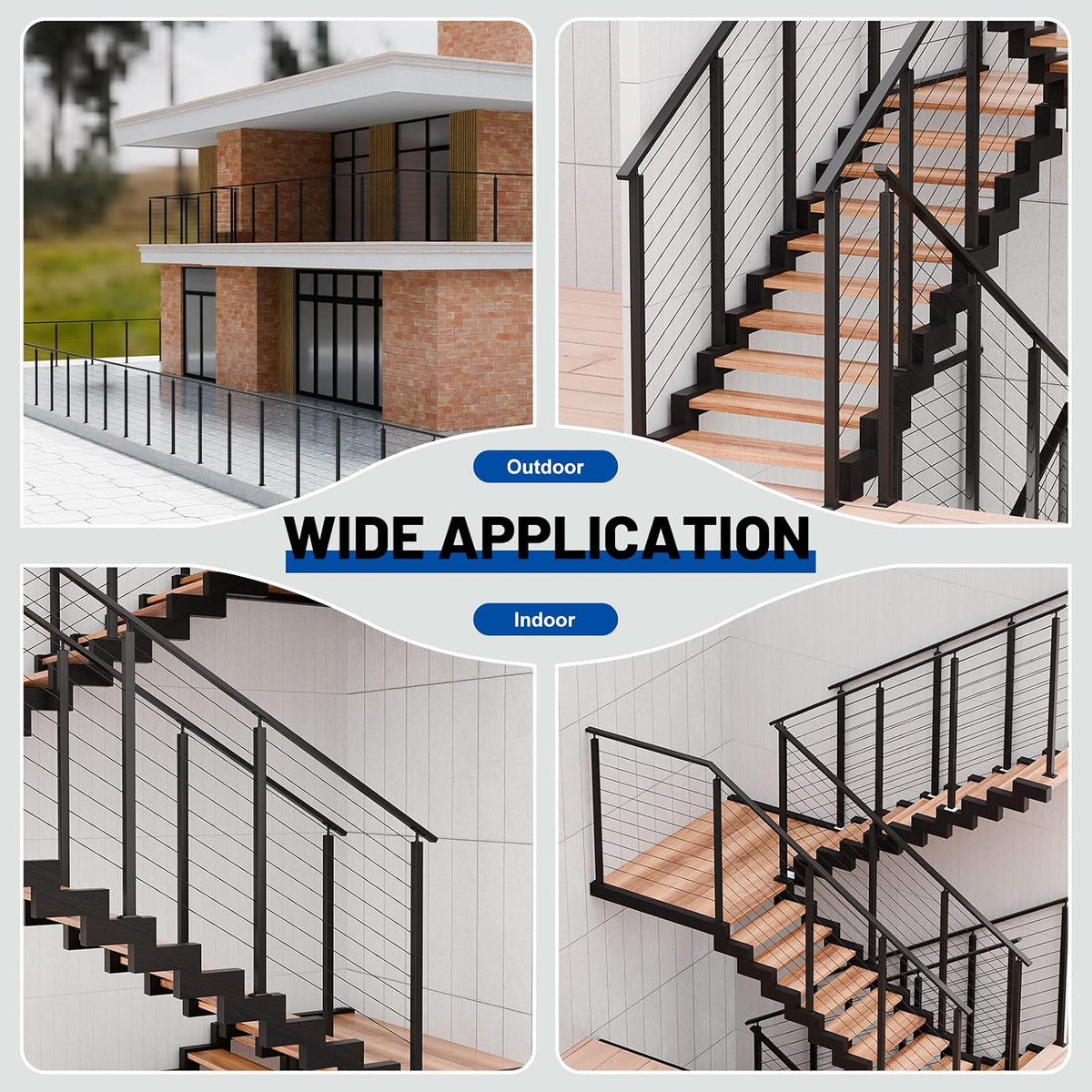 2Pack 8FT Black Cable Railing Handrail for Deck Stair Cable Railing System, T304 Stainless Steel Handrails with End Cap, Cuttable Rectangular Handrail Flat Top Rail for Indoor Outdoor