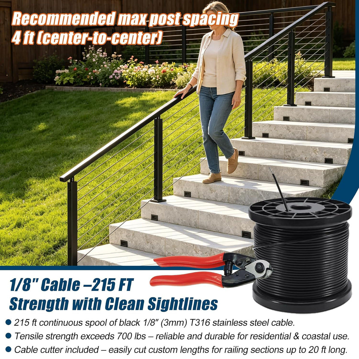 12-20FT Complete Cable Railing System 36" Stair Railing Posts with Handrail