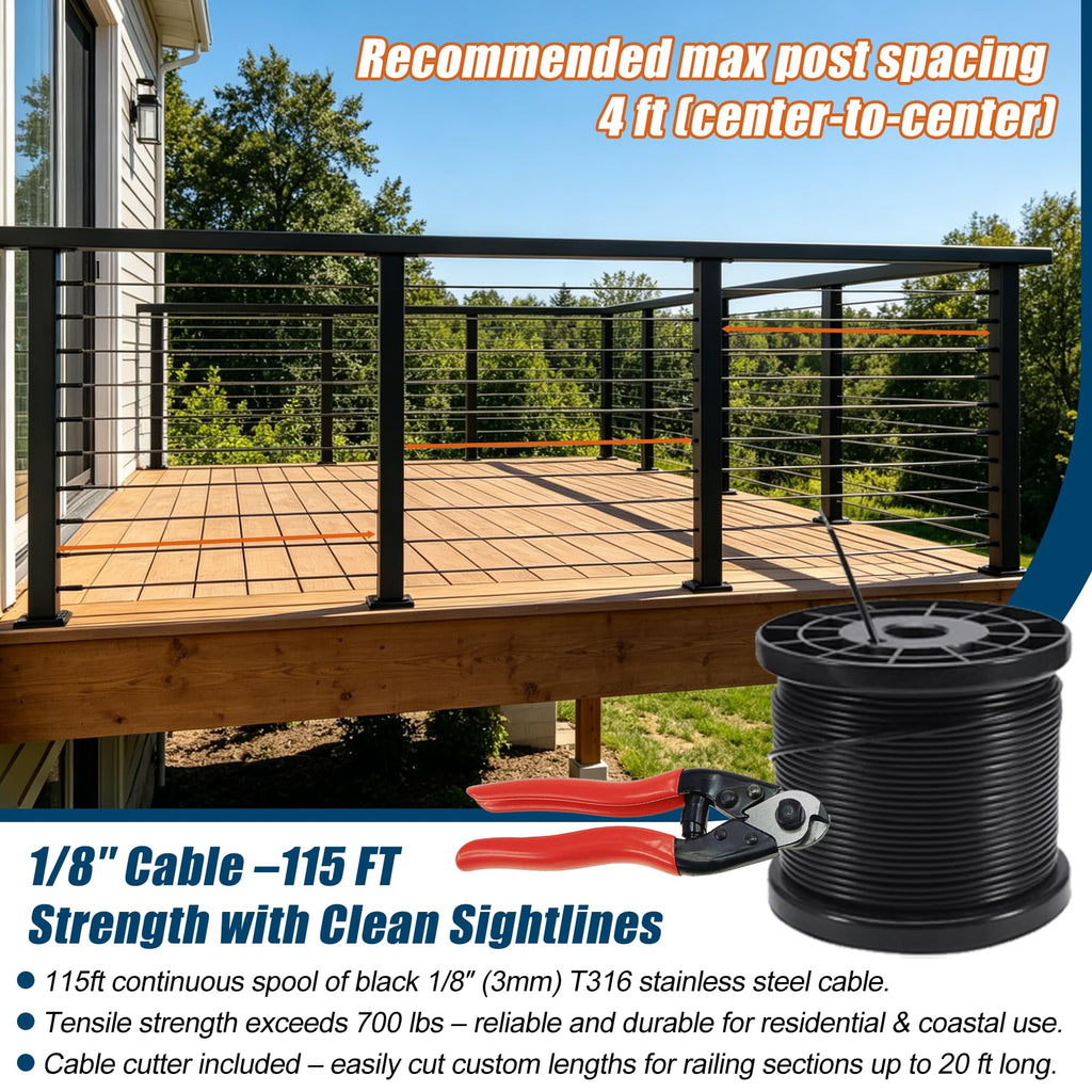12FT-20FT Cable Railing System Post Kit with Handrail - 4PC 36" Level Posts