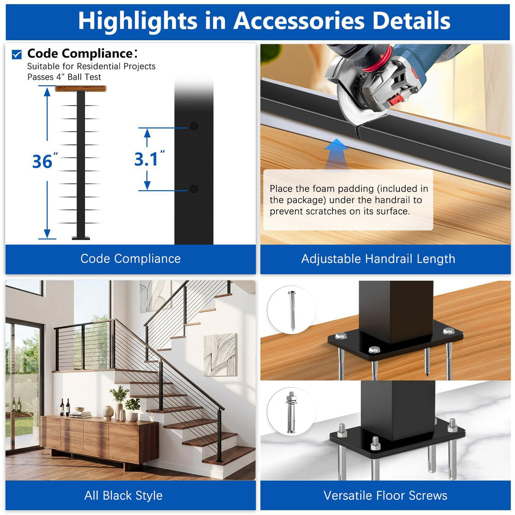 2ft-4ft Modular 36in Cable Railing System for Deck with Handrail