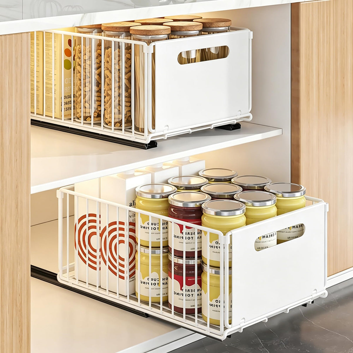 4 Pack Pull Out Cabinet Organizer, Heavy Duty Slide Out Drawer with No Drill Adhesive or Screw Mount, Carbon Steel Roll Out Shelf for Kitchen Cabinet, Pantry & Bathroom Storage