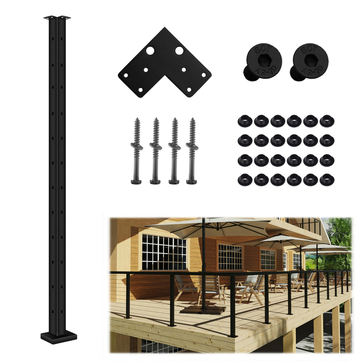 15FT 42" Complete Black Cable Railing Post Kit 4 line Post Kit -Cable Railing System for Deck Easy DIY (No Handrail)