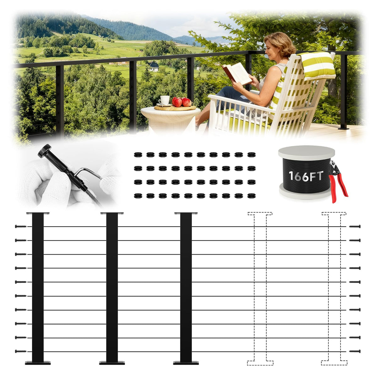 4 Pack 36" Modular Swageless Cable Railing Level Post for Decks