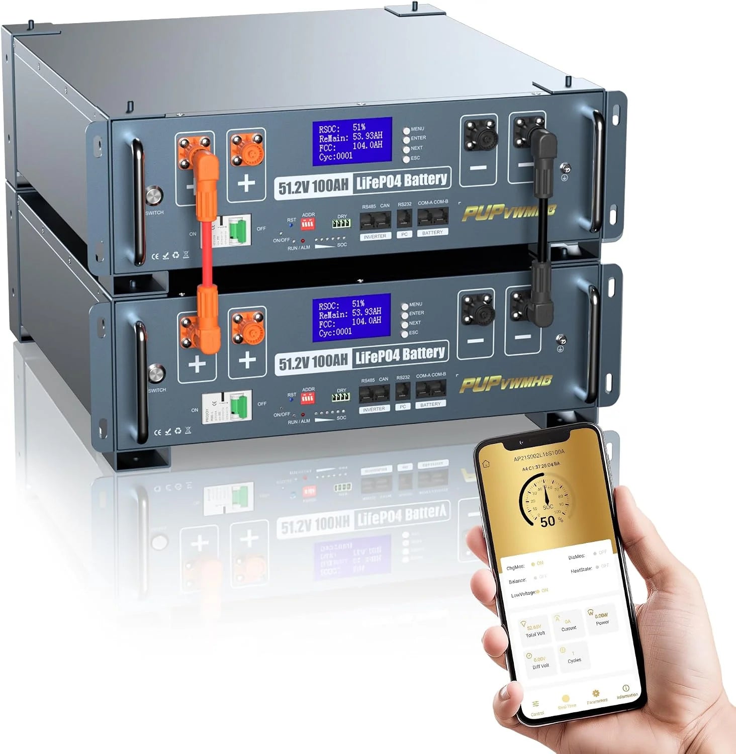 48V 400Ah LiFePO4 Serverrackbatterij (4-pack, 20,48 kWh). Met WiFi/Bluetooth, automatische brandblussing, ingebouwde 100A BMS en 3U-montagekit. Voor zonne-energieopslag en noodstroom thuis.(51.2V 100AH -2Pack)