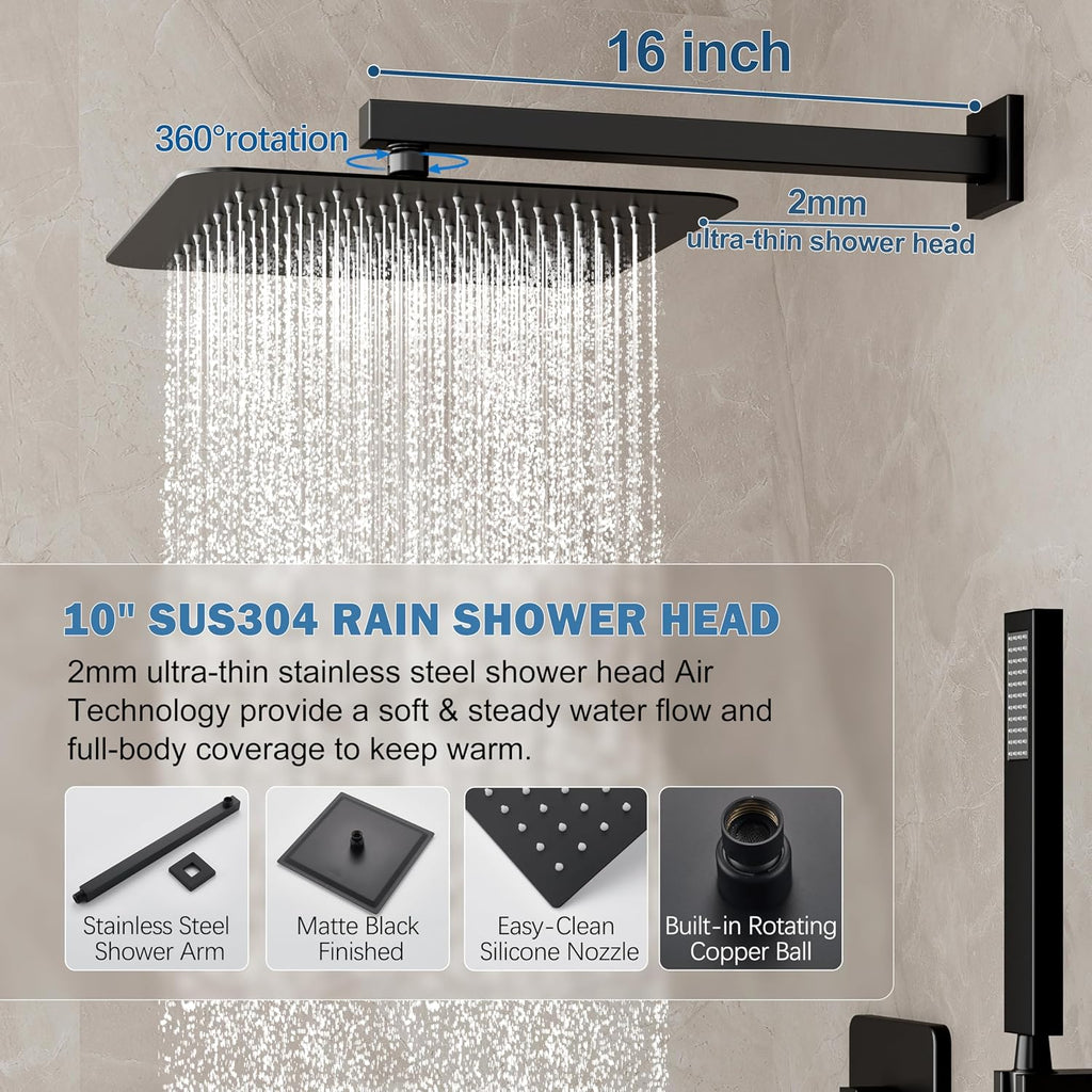 10" Rain Shower System with Handheld & Valve, Matte Black