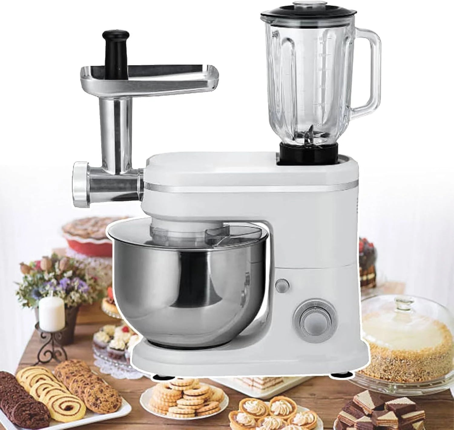 3-in-1 Elektrische Keukenmixer Met 6 Liter Roestvrijstalen Kom, 1,5 Liter Blender En Vleesmolen - Multifunctionele Keukenmixer Met 6 Snelheden Voor Bakken, Koken En Restaurants