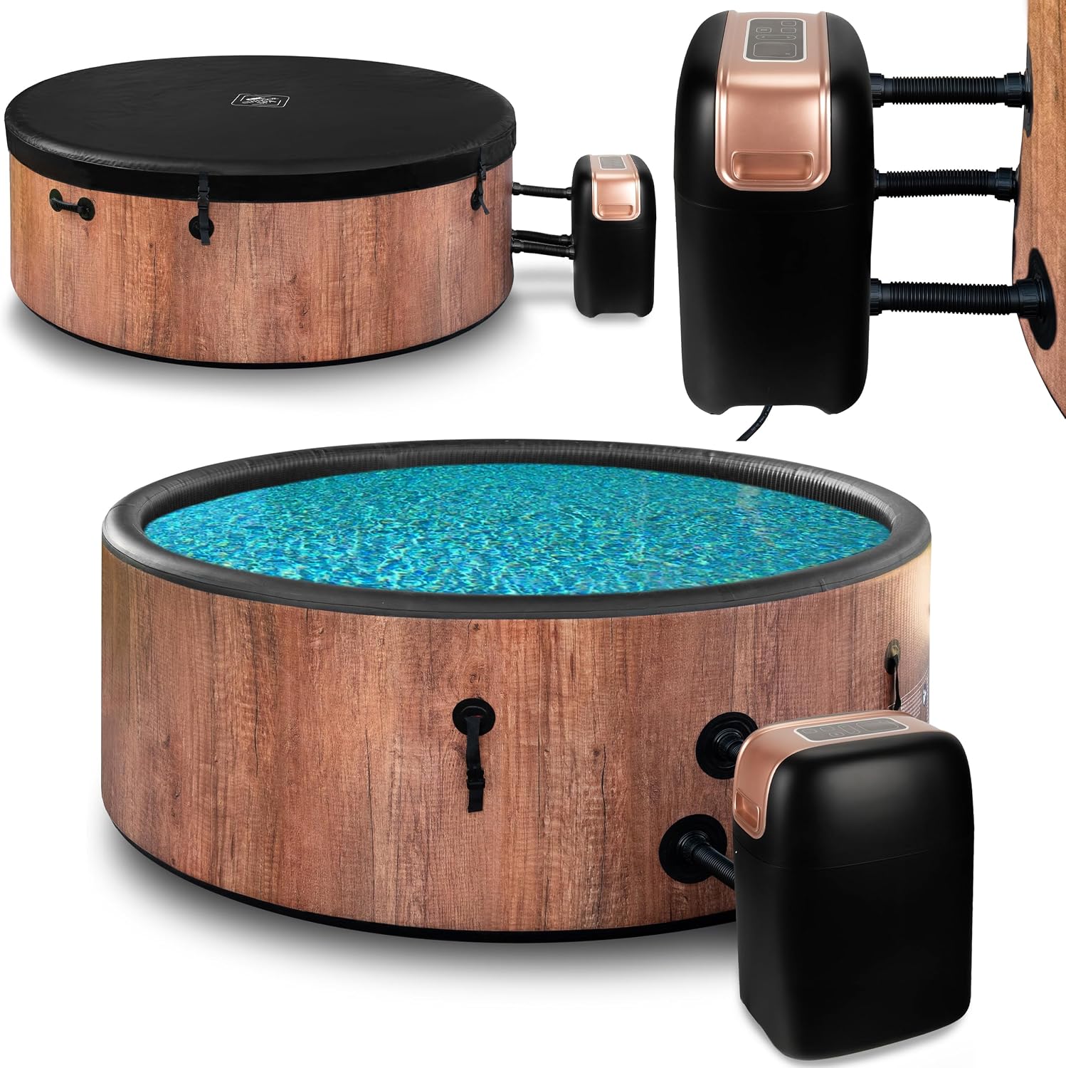 COIL SPA Whirlpool, voor in de tuin, voor 6 personen, houtlook, robuust DWF-materiaal, snel opblaasbaar, wellness-hydromassage (rustiek)(OAK-4)
