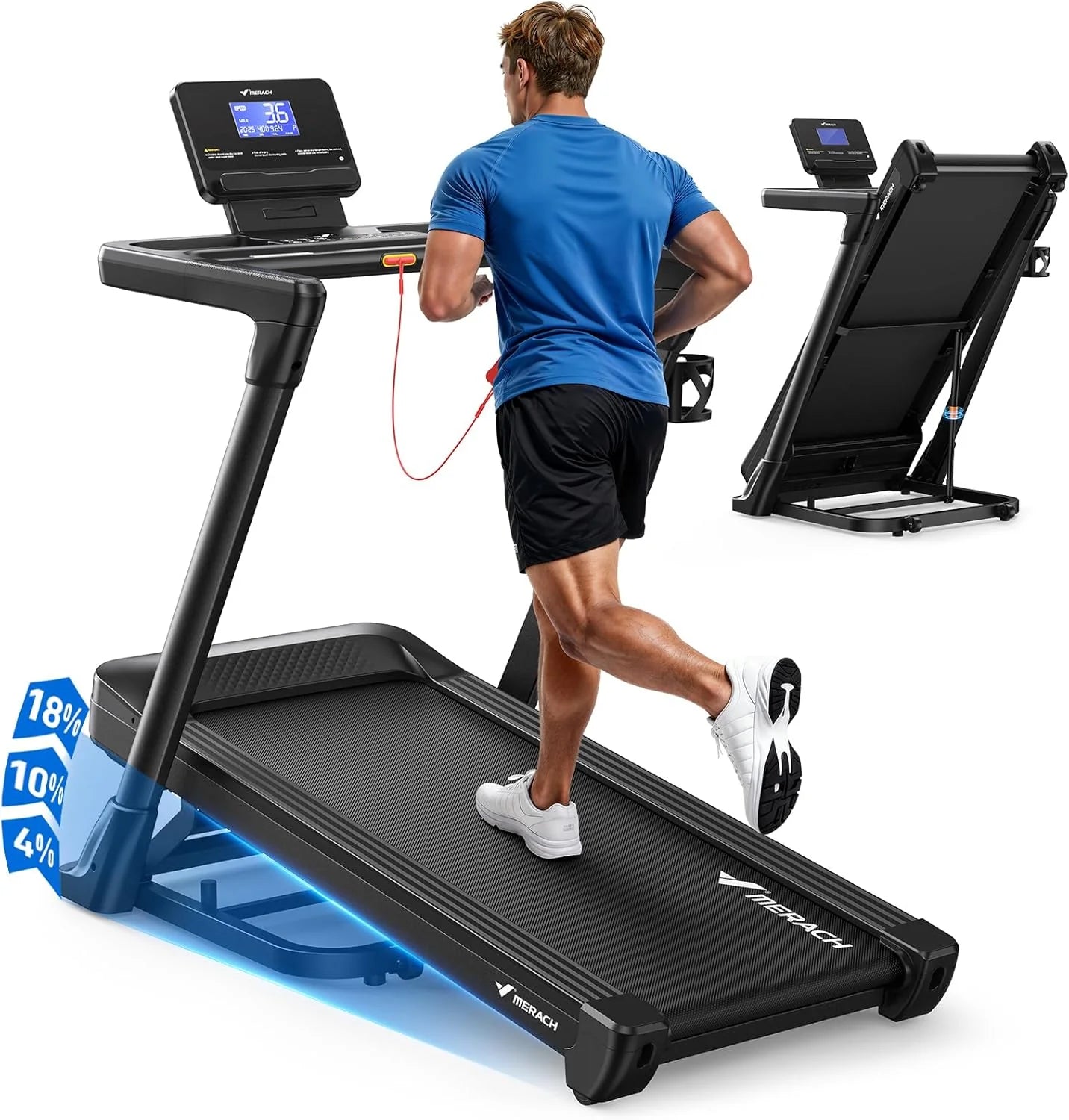 MERACH Loopband voor thuis met helling, 18% automatische helling, 1-14 km/u, inklapbaar, 3,5 pk, loopband voor thuis, max. 159 kg, 46 x 120 cm, loopbanden app met 12 trainingsprogramma's