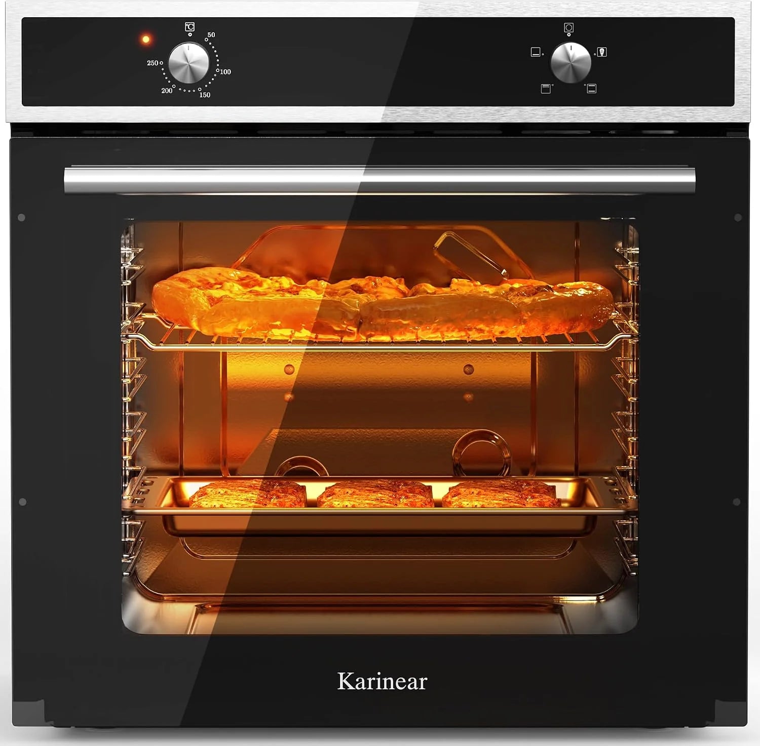 Karinear Inbouwoven, 65 l, zwart, met draaiknop, met stekker, 60 x 60 cm, met 4 programma's, 50-250 °C, met deksel van gehard glas, 2200 W, 220 V-240 V