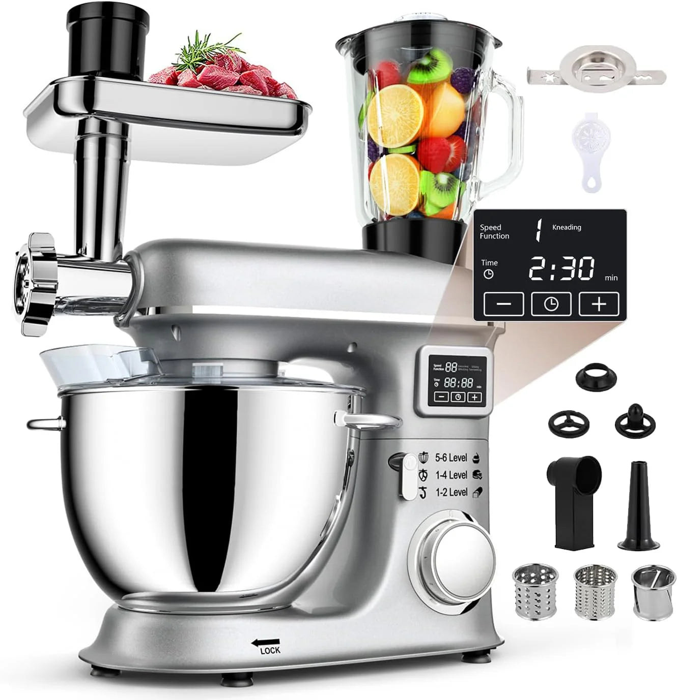 Staande keukenmixer, elektrische mixer met 8-inch display, 6 snelheden, vleesmolen, deeghaak, garde, pasta-opzetstuk en roestvrijstalen kom. (Silver)(Silver)