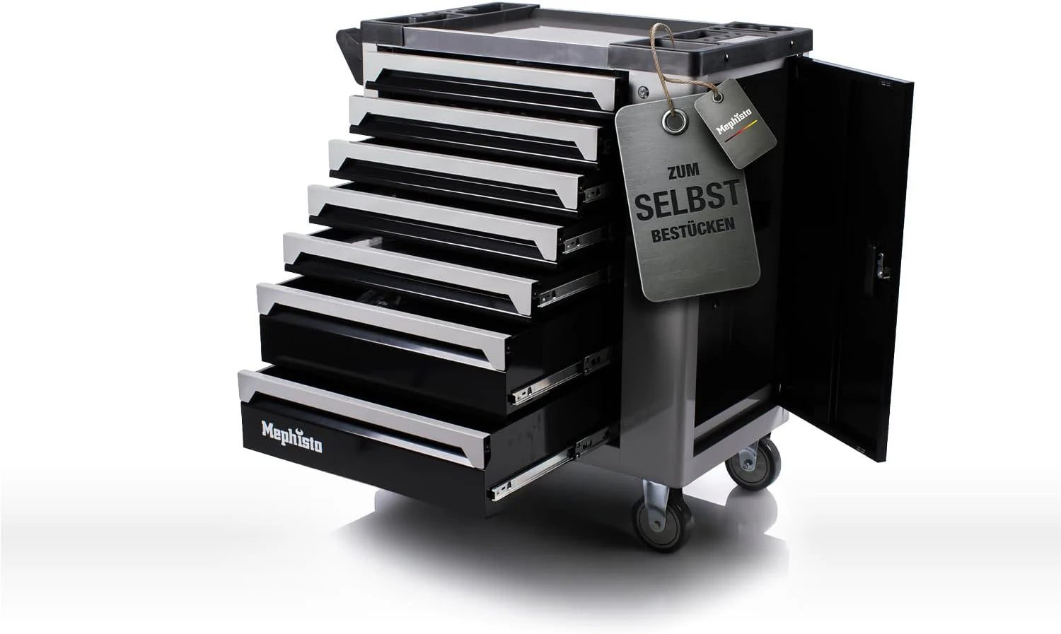Mephisto Premium Gereedschapswagen met roestvrij stalen plank en 8 laden zonder gereedschapsinhoud(L)
