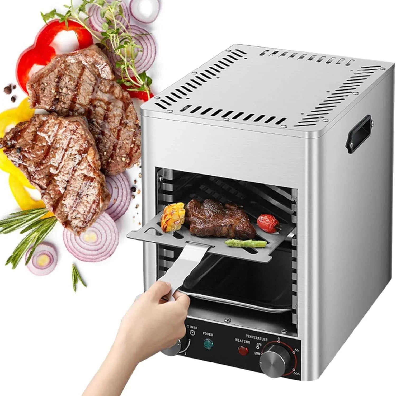 Commerciële steakgrill, 1700W elektrische steakgrill, tafelgrill voor binnen, barbecuemachine voor buiten, maximale temperatuur 800℃, met lade, grill en handvat