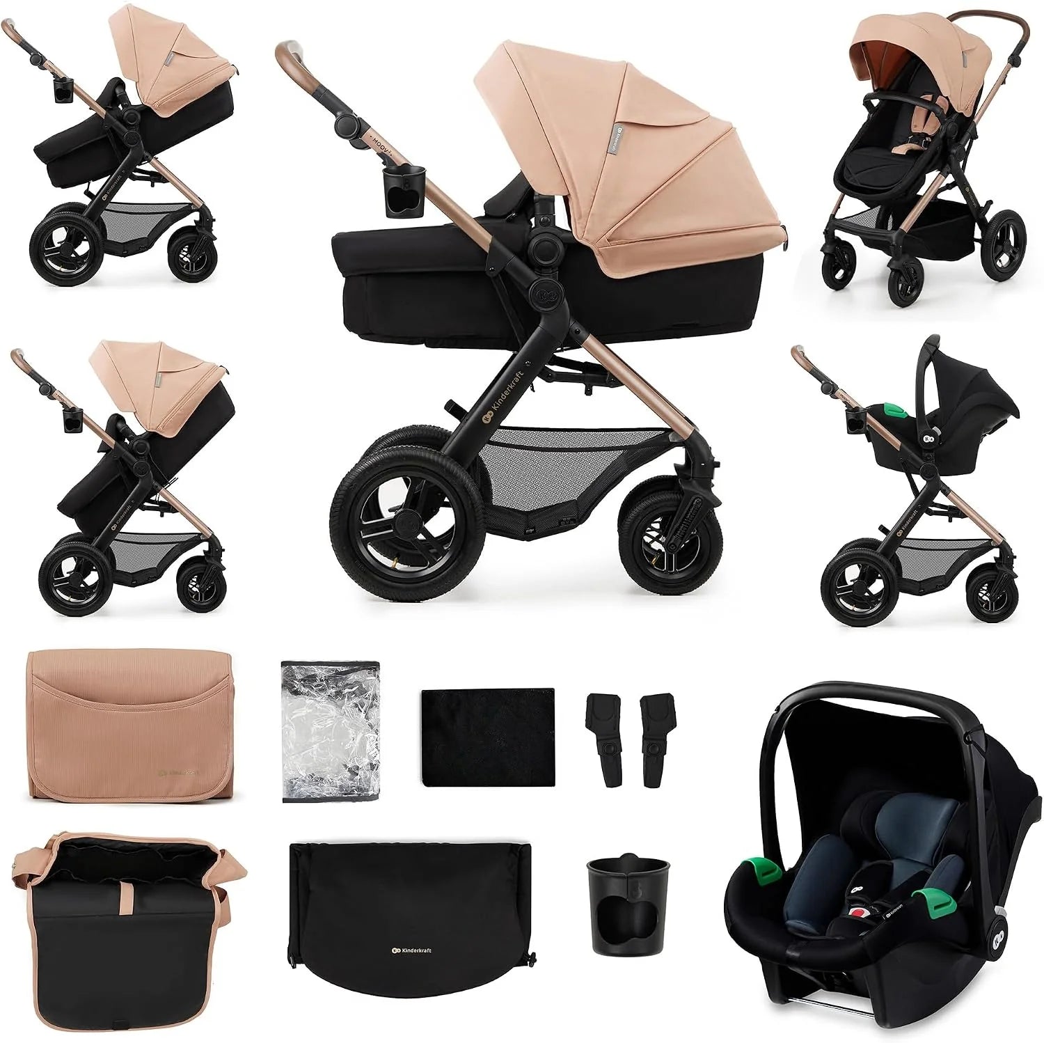 Kinderkraft MOOV 2 AIR 3-in-1 kinderwagen Mink PRO I-Size, reissysteem, kinderwagen, buggy, inklapbaar, voor pasgeborenen, vanaf de geboorte tot 3 jaar, grijs