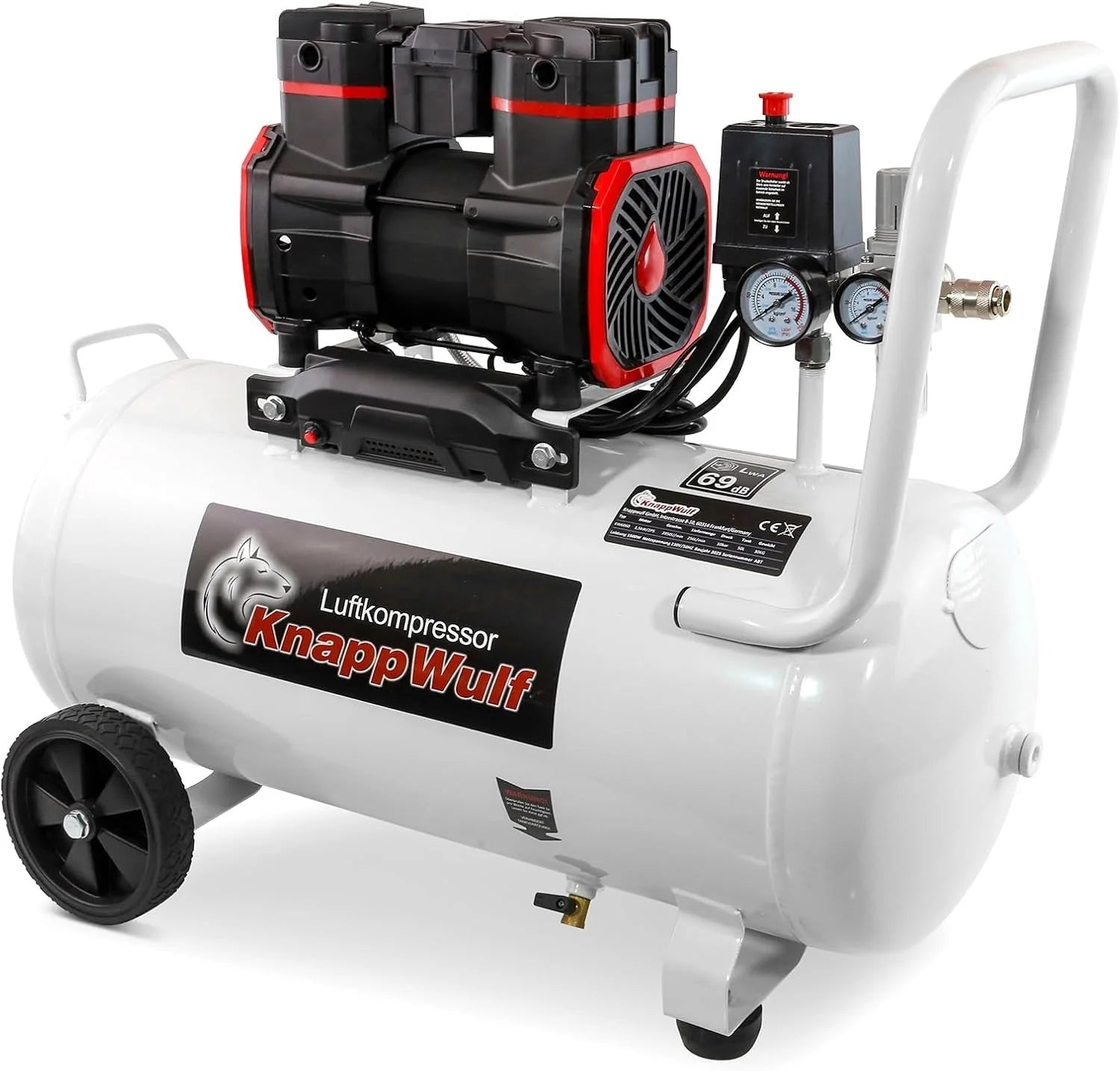 KnappWulf KW6060 Fluistercompressor, luchtcompressor, persluchtcompressor, tank 50 liter, 1500 W, 69 dB, 10 bar werkdruk, 256 l/min luchtverplaatsing, met waterafscheider, stil, 230 V