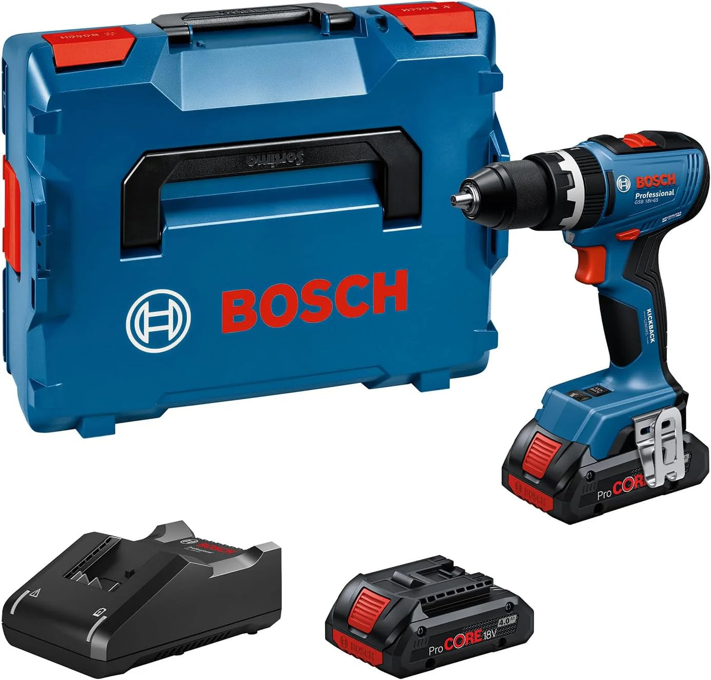 Bosch Professional 18V System accuschroefklopboormachine GSB 18V-65 (borstelloze motor, koplengte 175, incl. 2 x ProCORE18V 4.0Ah-accu's, L-BOXX)
