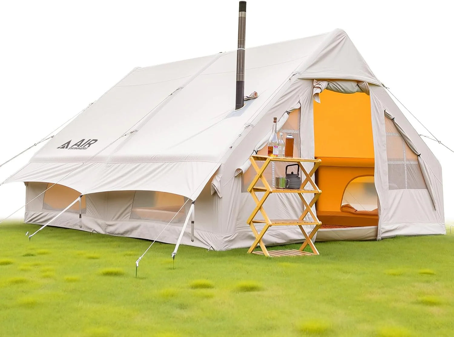 Opblaasbaar tent met open haardopening, luchttent voor 2-8 personen, opblaasbaar campingtent met luchtpomp en dakraam, opblaasbare tent van 420D waterdichte Oxford-stof | waterkolom 5000 mm