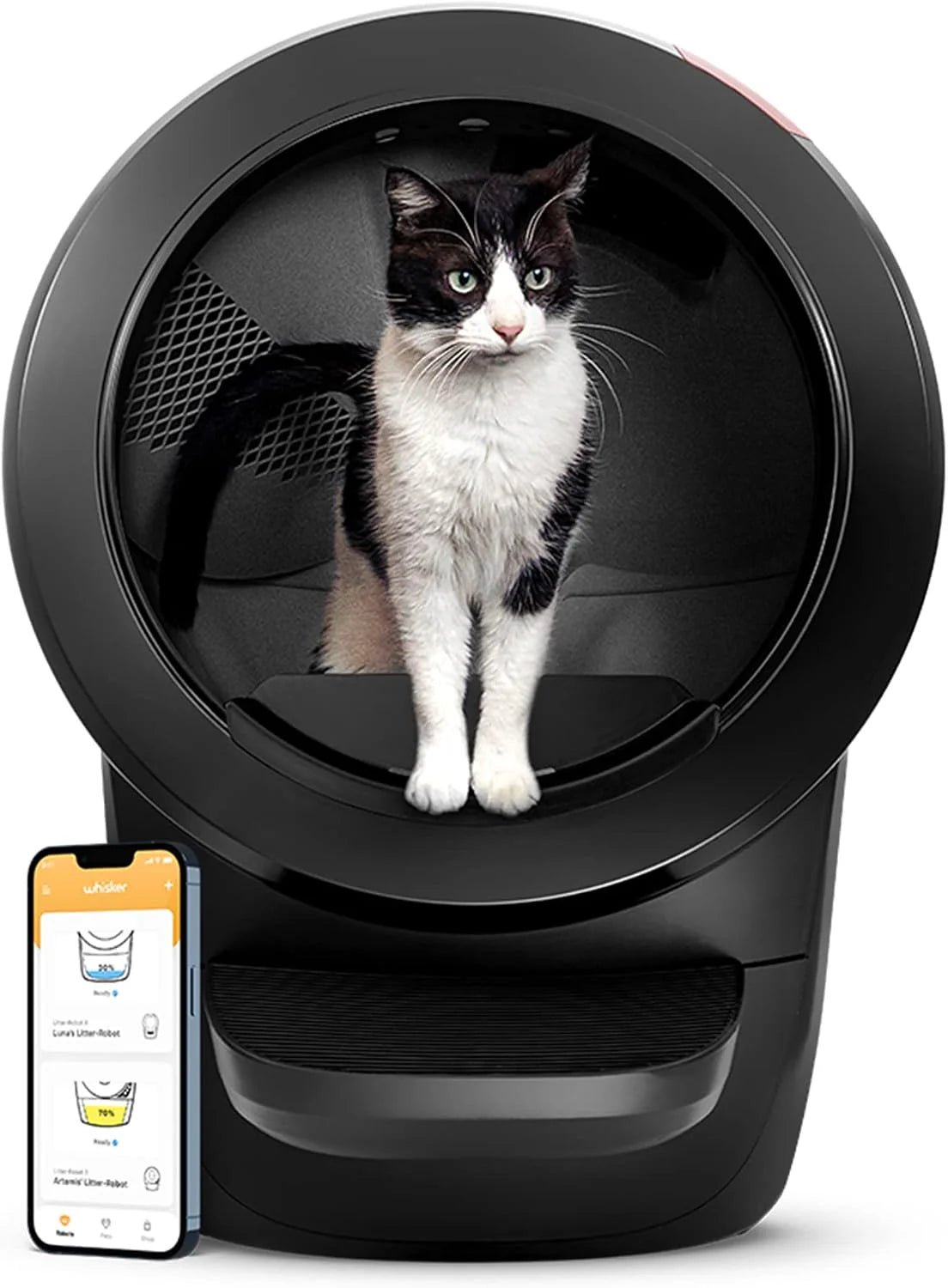 Whisker Nest-robot 4 met Step  Fence van - Automatische, zelfreinigende kattenbak, strak, compact ontwerp, WiFi ingeschakeld, werkt met elk klonterend strooisel, ontworpen en gemonteerd in de VS