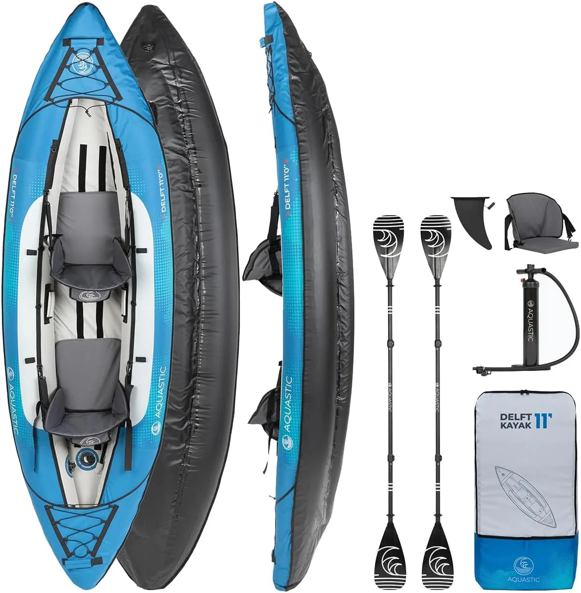 AQUASTIC Kajak Dolph Opblaasbare 2-persoons kajak in set met twee zitplaatsen, opblaasbare stabilisator en beschermhoes, 335 x 96 cm, ideaal voor raften en uitstapjes, sterk pvc-materiaal