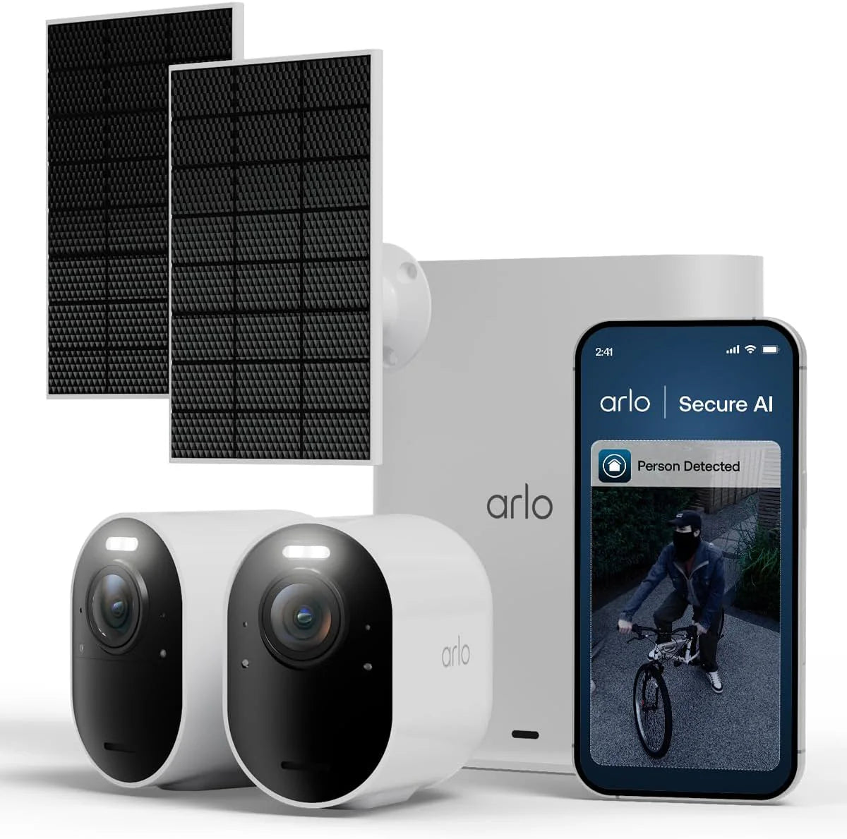 Arlo Ultra 3 draadloze beveiligingscamera voor buiten, 4K UHD, AI-detectie, automatische tracking, kleurnachtzicht, Smarthub voor lokale opslag, inclusief veilige proefversie, 2 camera's met 2
