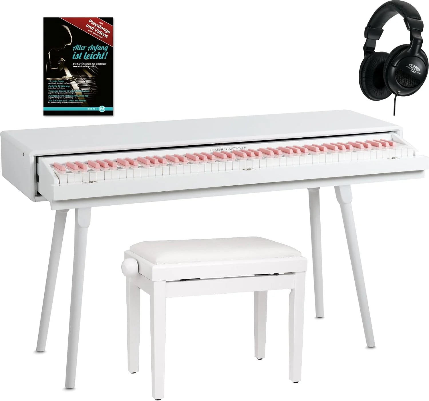 Classic Cantabile DP-730 WN Digitale piano walnoot set - Tafel met ingebouwde keyboard met 88 toetsen en hamermechaniek - incl. pianobank, hoofdtelefoon en pedaaleenheid - Compatibel met USB MIDI(Wit mat Deluxe Set)