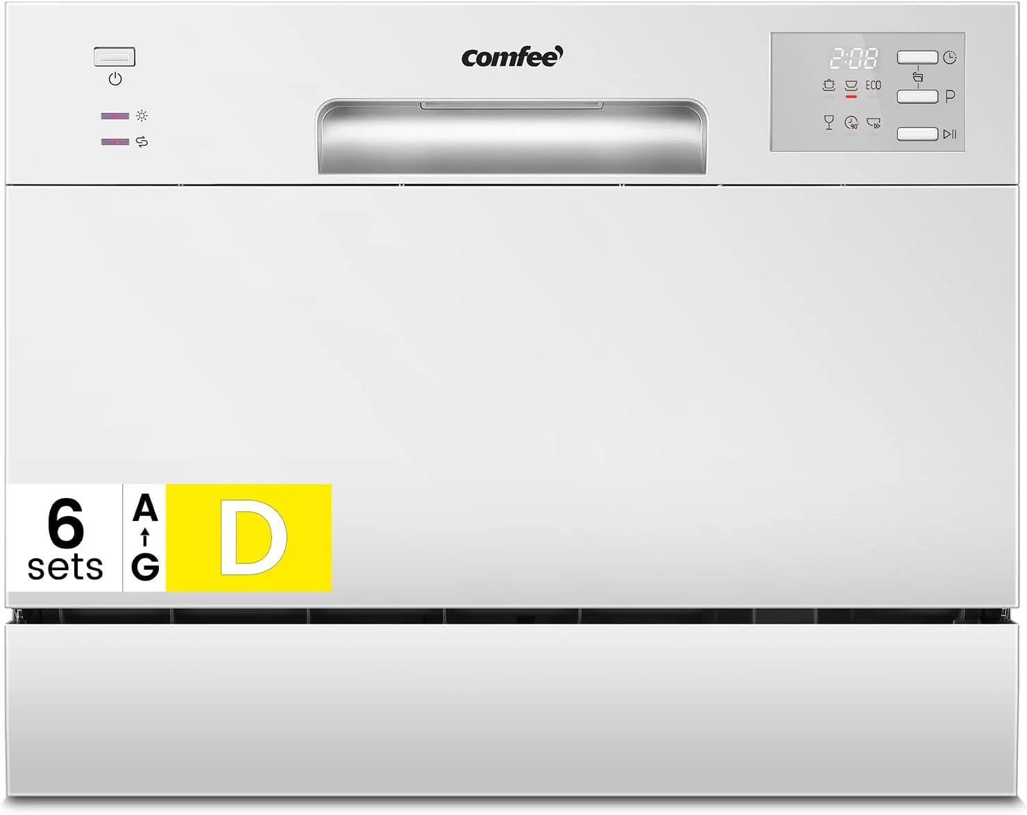 COMFEE CDWMT0602EWD-EU Compacte tafel-vaatwasser met 6 couverts, 6 programma's, klasse D, led-display, 24-uurs uitgestelde startfunctie, intensieve cyclus H-TEMP bij 70 °C, 47 dB, wit