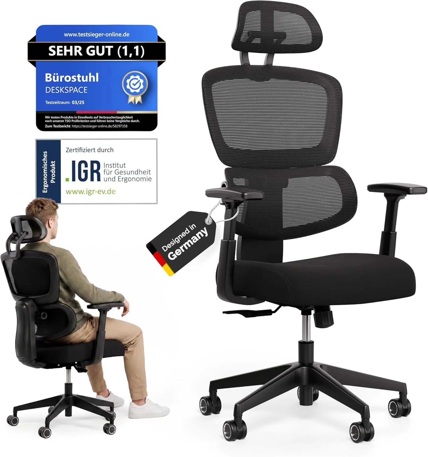 Move Ergonomic Office Chair - Intelligent Lumbar Support, 3-Level Tilt, Height-Adjustable Backrest, Breathable Mesh Fabric, Office Swivel Chair 150 kg (Grey)(Zwart)