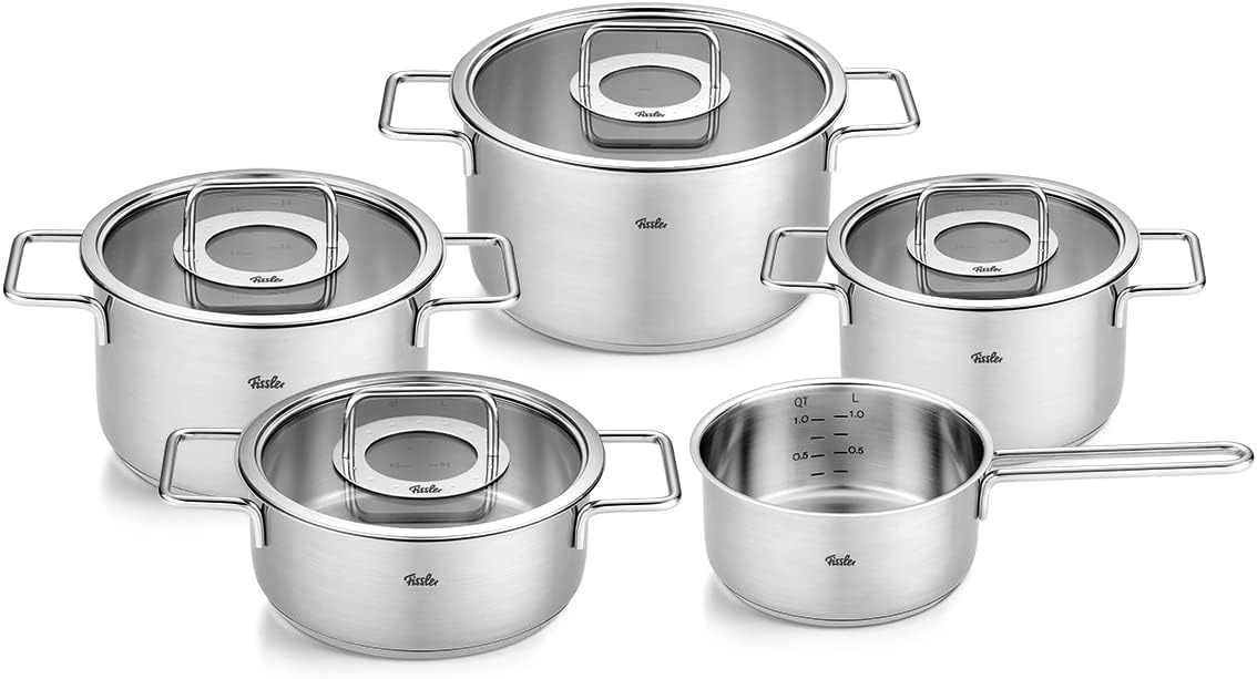 Fissler Pure Collection/roestvrijstalen kookpannenset, 5-delig, pannen met glazen deksel (3 kookpannen, 1 braadpan, 1 steelpan) - inductie, zilver