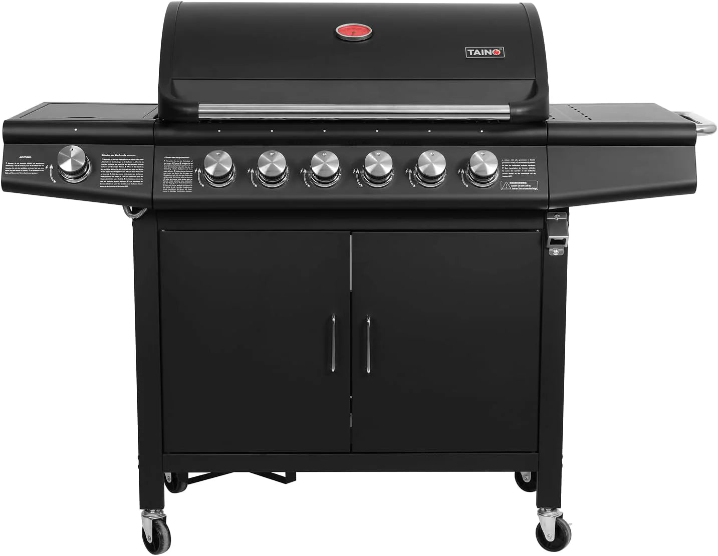Taino Red 6+1 Gasbarbecue, barbecuewagen, BBQ, roestvrijstalen brander, zwart, optionele accessoires