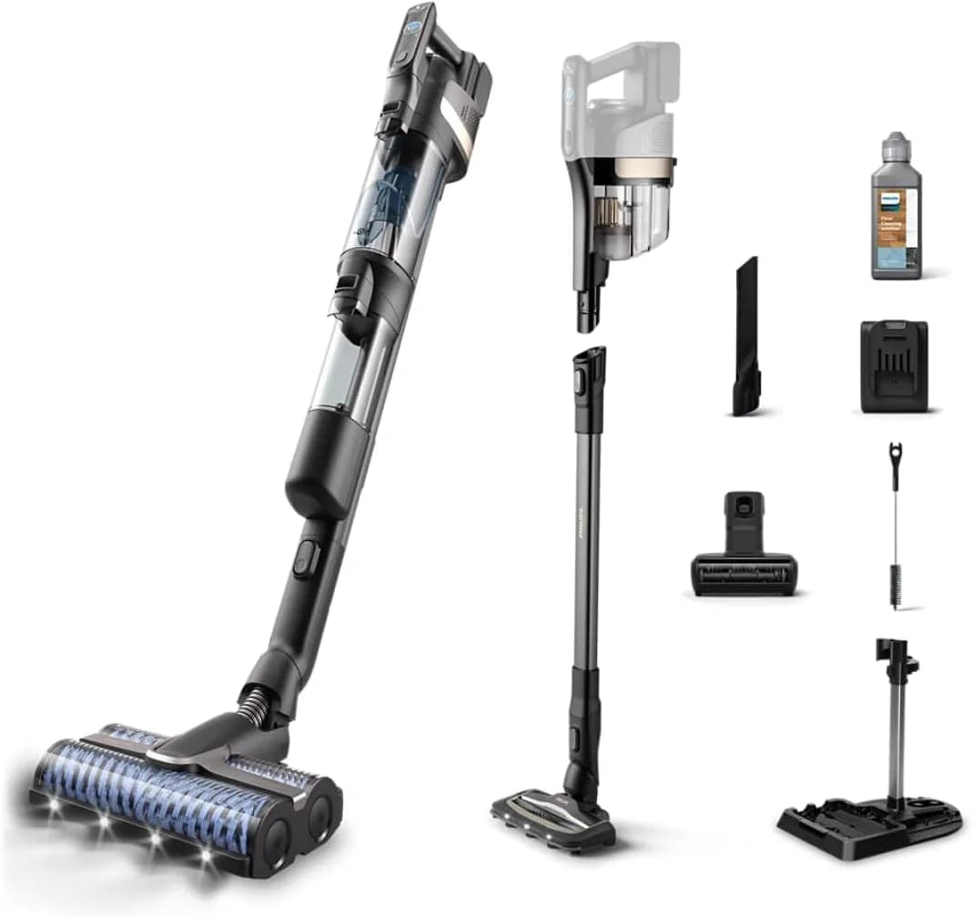 Philips AquaTrio 9000 Draadloze Stofzuiger  Dweil – Alles-in-één Reiniger voor Stof, Vlekken, Vloeistoffen en Huisdierharen, AquaSpin Borstels met Hoge Snelheid, Auto-Clean Systeem (XW9463/11)