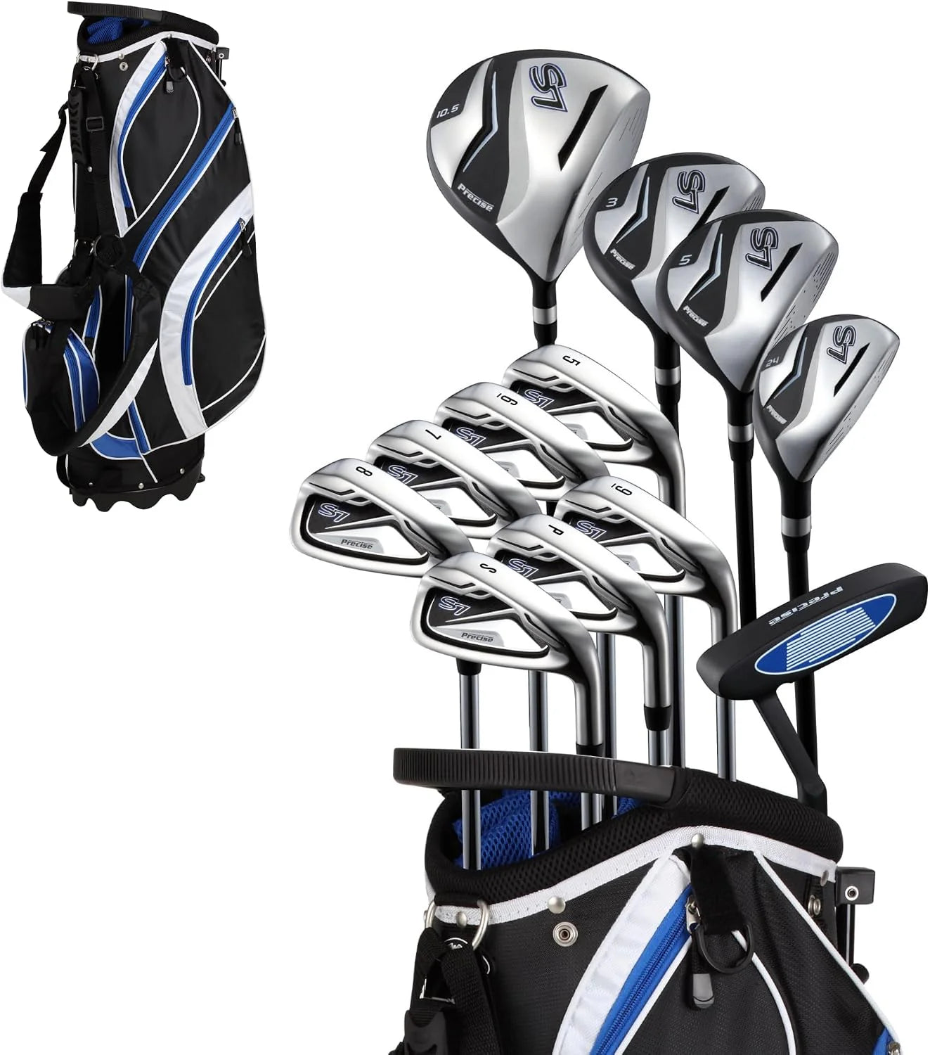 18-delige complete set golfclubs voor heren met titanium driver, Fairway-hout nr. 3 en nr. 5, hybride nr. 4, 5-SW-ijzer, putter, standtas, 4 H/Cs - selecteer kleur en grootte(Blauw/Right Hand)