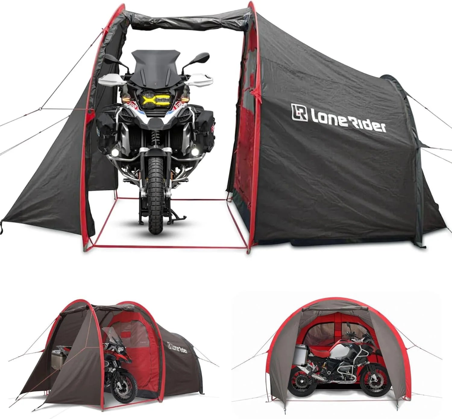 Lone Rider MotoTent Motortent - Volledig Waterdichte 2-Persoons Tunnelschuilplaats met Motorgarage - Eenvoudige Opbouw Koepel voor Toeren - Inclusief Draagtas, Grondzeil en Haringen
