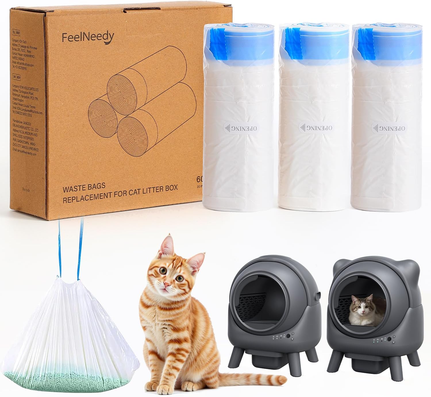 Zelfreinigende Kattenbak FEELNEEDY, Automatische Kattentoiletveiligheid, Anti-Knijpen, App-Bediening, Extra Grote Automatische Kattenbak Voor Meerdere Katten(Kattenbakzakken-60 stuks)