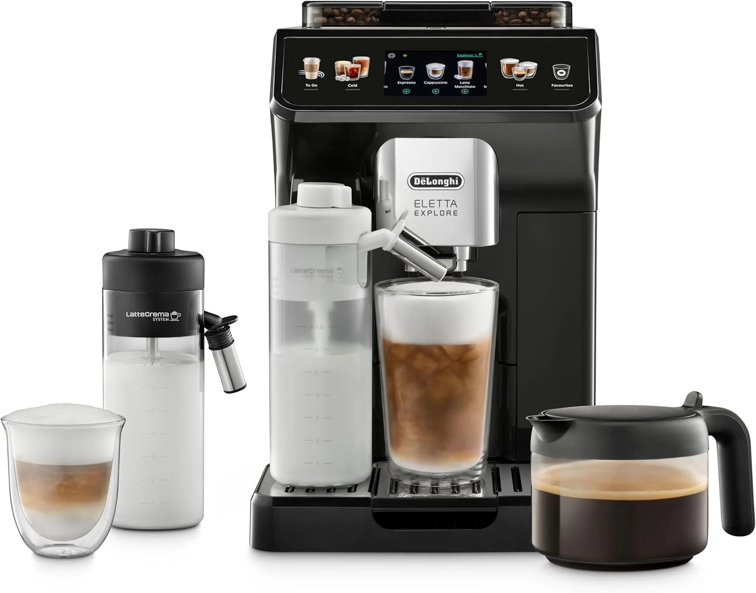 De'Longhi Eletta Explore ECAM452.67.G, Volautomatische Espressomachine met Cold Brew, LatteCrema Melkreservoir, 50+ Recepten van Warme  Koude Dranken, Kleuren Touchscreen, Inclusief Koffiekan, Grijs(Zonder koude extractietechnologie)