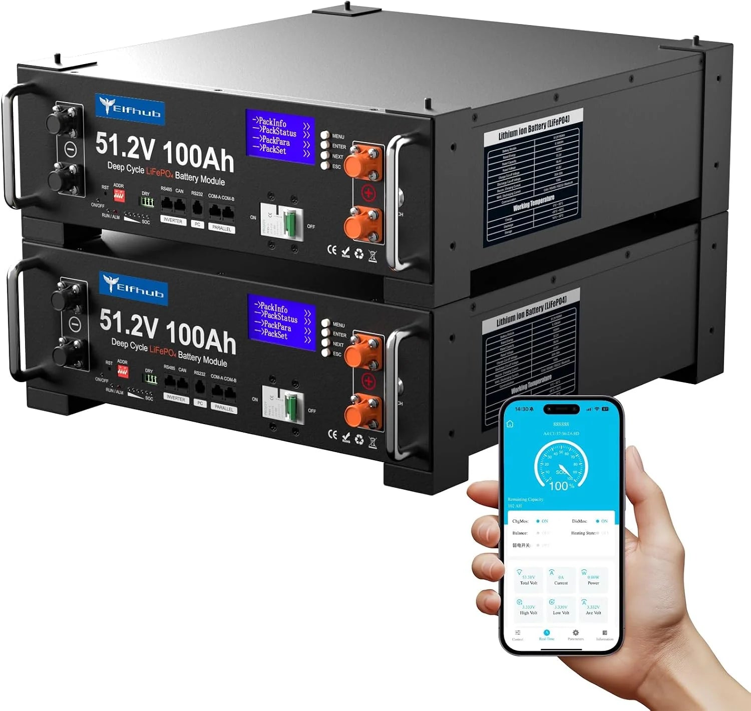 LiFePO4 48 V 200 Ah Bluetooth met 100 A BMS (2 stuks 48 V 100 Ah), 10,24 kWh 48 V lithiumbatterij, serverkast zonne-accu voor zonne-installatie, complete set, fotovoltaïsche installatie, camper