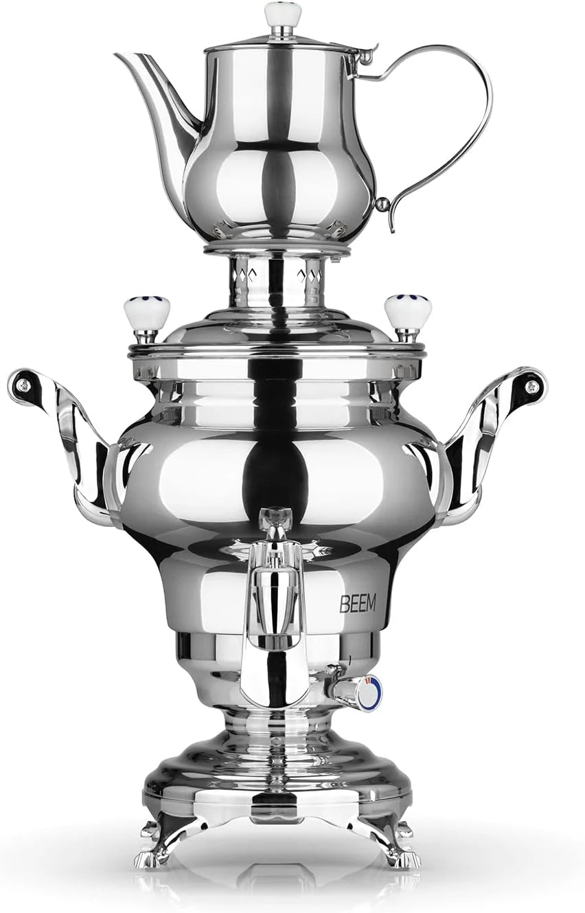 BEEM ODESSA + Samowar - 3 l | roestvrij staal | Turkse theekoker elektrisch | 1800 W | 1 l roestvrijstalen theepot met zeef | 3 l waterkoker | NIEUW: dispenser met één hand bediening