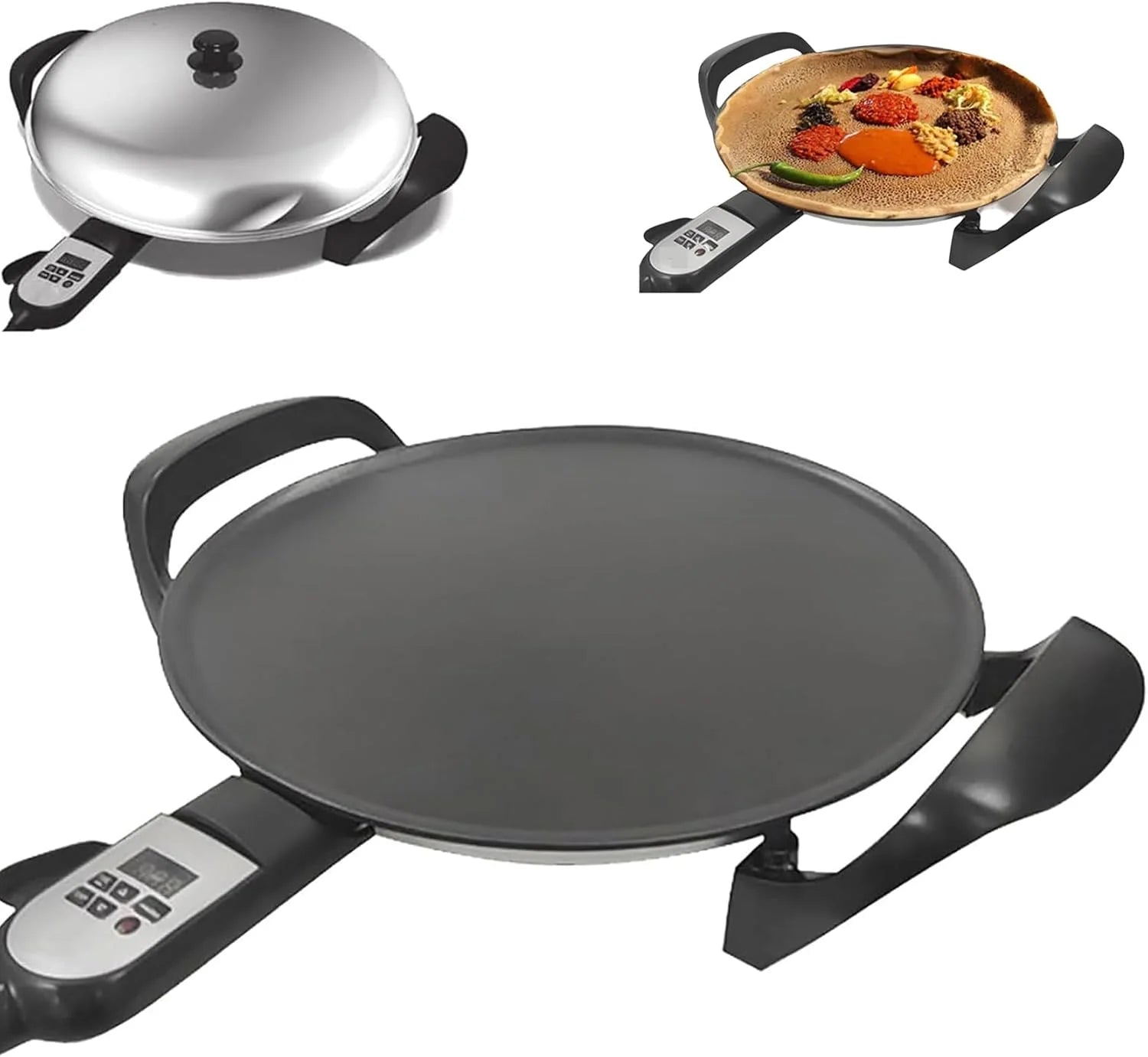 1700 W Elektrische Bakplaat Voor Injera, 46 Cm Non-stick Crêpemaker Met 304 Roestvrijstalen Stoomdeksel en Digitaal Scherm, Instelbare Temperatuur en Tijd, Ideaal Voor Het Koken Met Koekenpannen 40cm(46cm)