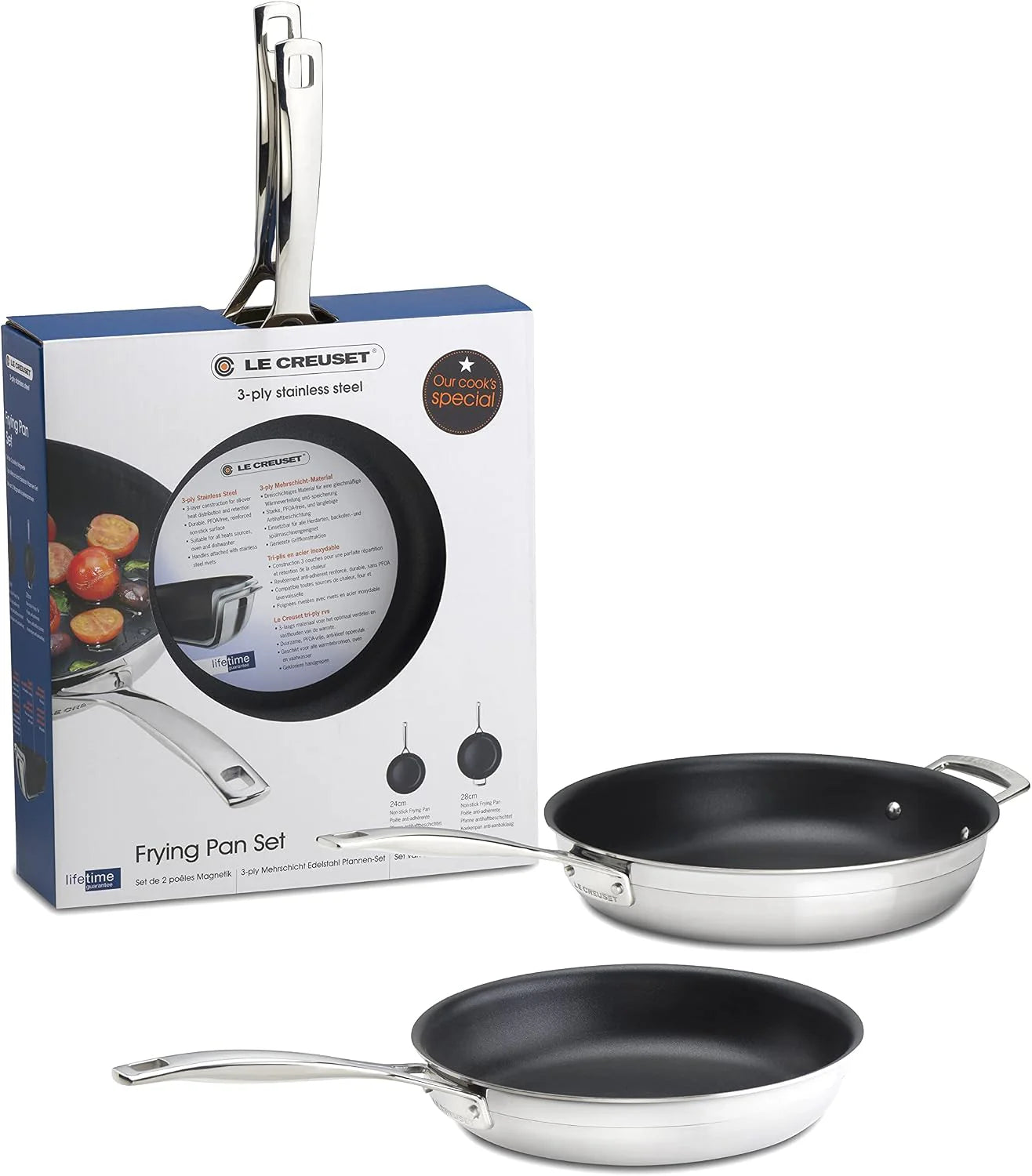 Le Creuset 53801000000000 Koekenpan, 2-delige set, 3-laags roestvrij staal, 24 cm en 28 cm, antiaanbaklaag