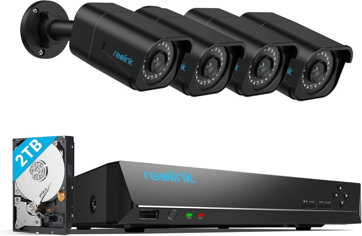 Reolink 4K PoE beveiligingscamera systeem H.265, 4x 8MP detectie van personen/voertuigen outdoor PoE CCTV IP camera’s met snoer en 8CH NVR, 2TB HDD voor 24/7 opnames nachtzicht audio RLK8-800B4(Zwarte camera's zonder SD-kaartsleuf)