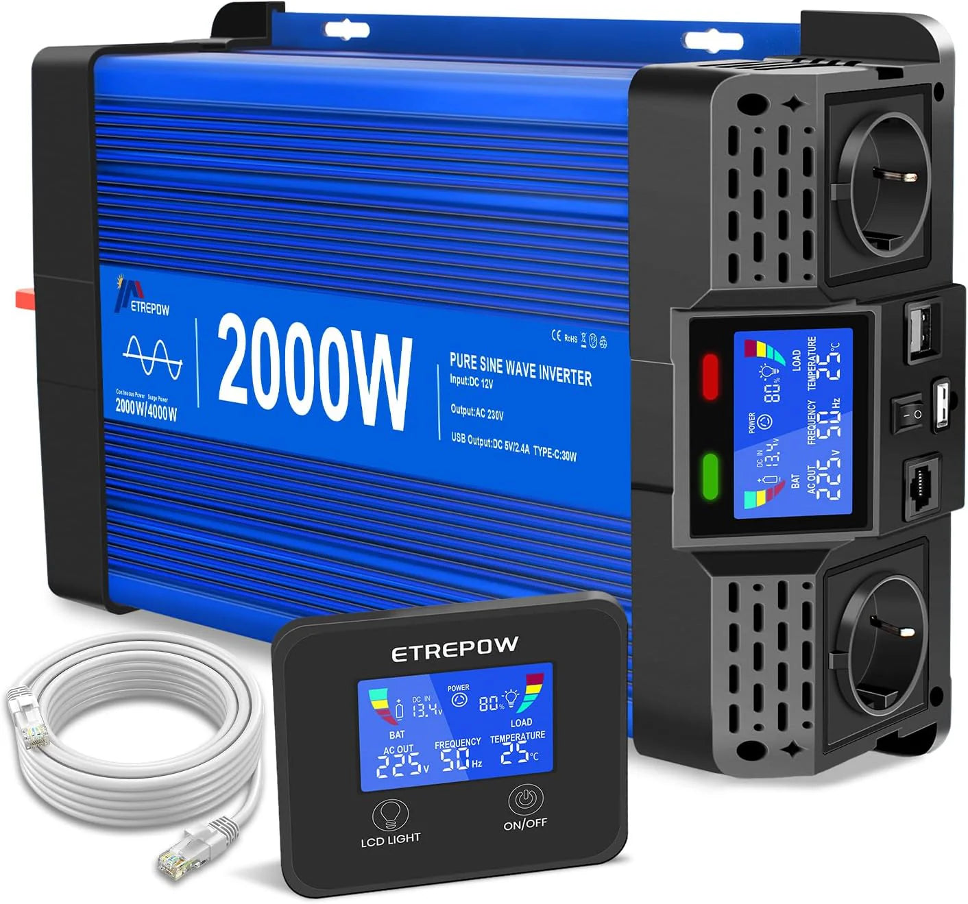 3000W/6000W Omvormer Zuivere Sinus Spanningsomvormer 12v 230v Stroomomvormers met 2 EU-stopcontact en 1 USB-poort, Draadloze Afstandsbediening, LCD-Scherm(2000W12V)