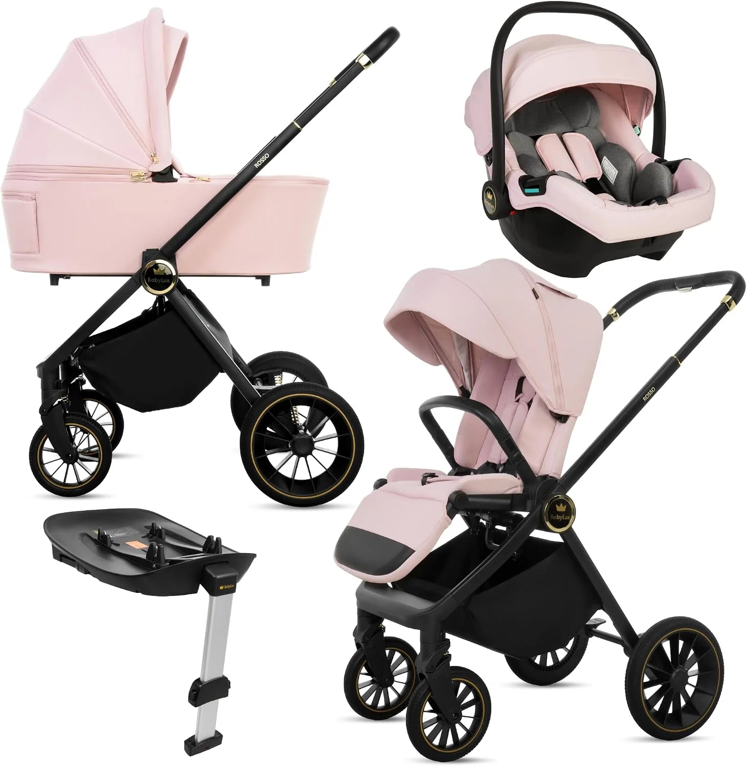 BabyLux® Kinderwagen 3in1 Set ROSSO, Opvouwbare Lichtgewicht Kinderwagenset Incl. Reiswieg, Buggy, I-Size Baby-Autostoeltje, Luiertas En Meer Accessoires, 4 Ligstanden, 0-22kg, Uv-Bescherming 50+(4 in 1/Roze)